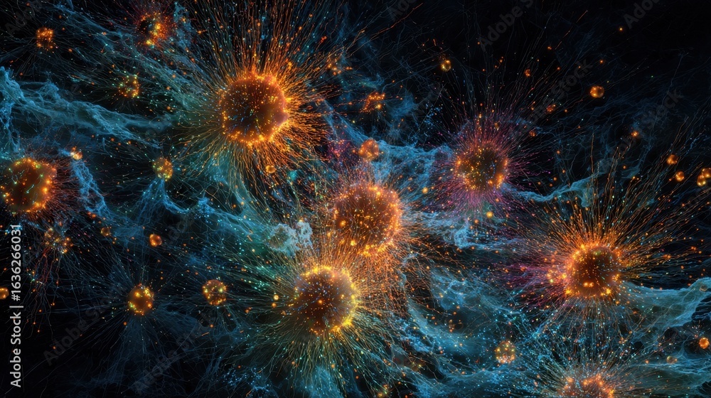 Poster detailed streaming particles in vivid hues exploding from cellular hubs symbolizing an aggressive bi