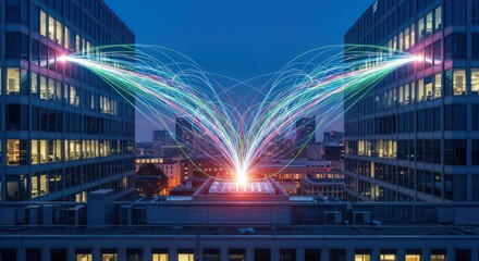 Luminous Data Arcs Radiating Between Twin Office Towers in a Smart City.