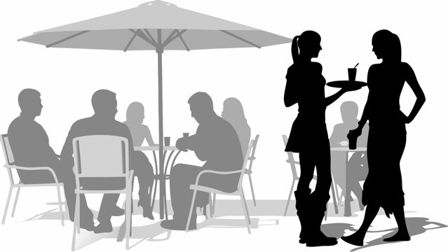 People sitting at tables under an umbrella and waitresses serving drinks at an outdoor cafe scene image silhouette - Powered by Adobe