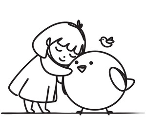 Cartoon cute girl hugs big bird toy. Line illustration
