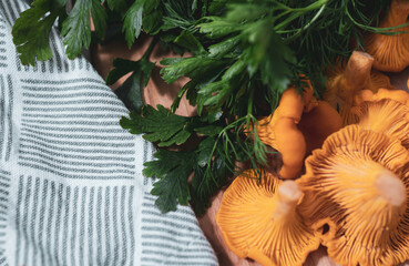 Fresh parsley with chanterelle mushrooms and kitchen towel background