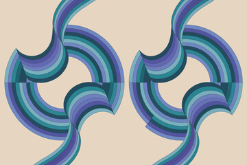 Abstract design featuring two swirling shapes with layered blue and purple color gradients on beige