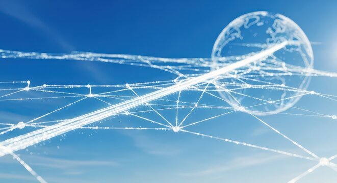 Luminous Data Network Converging on a Digital Globe in a Sunlit Sky - Powered by Adobe