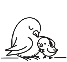 Cartoon bird mother hug her baby. Line vector. cruelty strict upbringing