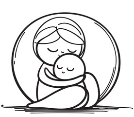 Obraz premium Cute and simple drawing of Mom holding baby. Hand drawn doodle cartoon mother and child