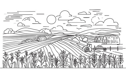 Fototapeta premium Rural landscape with a farm. Hand drawn Illustration in engraving style, sketch