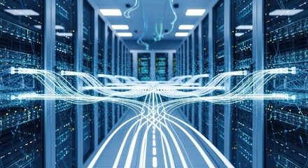 Luminous Data Streams Converge in a Symmetrical High-Tech Server Corridor