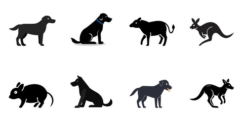 Various animals including dogs, kangaroos, boars, and rodents isolated on white background