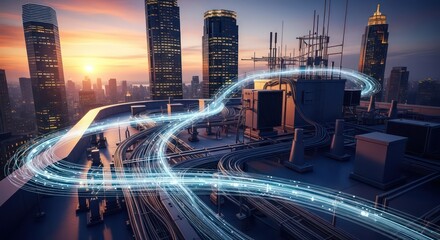 Luminous Data Streams Weave Through Rooftop Infrastructure Against a Sunset Cityscape