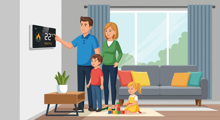 Fototapeta premium Family Adjusting Smart Thermostat For Comfort In Modern Living Room