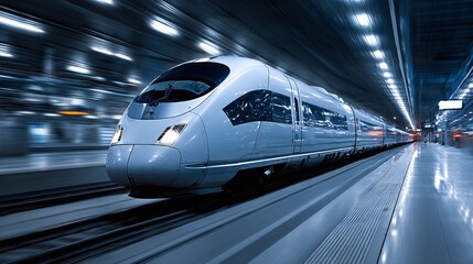 High-speed train captured in motion, streaking through a modern station. The image conveys speed, efficiency, and futuristic travel.