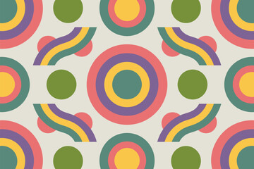 A repeating pattern of concentric circles and curved lines in pastel colors on a light background