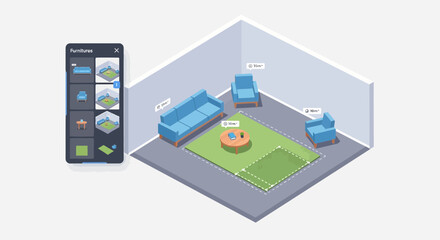 Obraz premium Isometric Room Planner App For Interior Designing And Furniture Arrangement