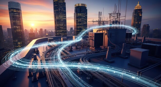 Luminous Data Streams Weave Through Rooftop Infrastructure Against a Sunset Cityscape