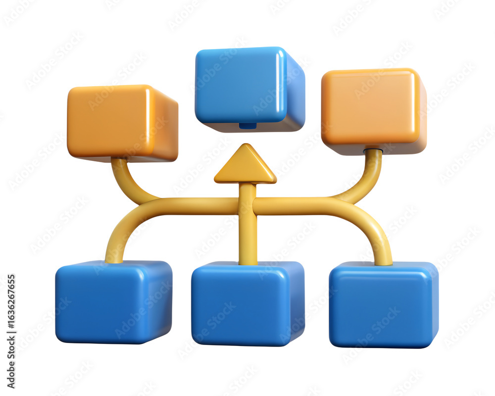 Poster three dimensional flowchart with blue and orange cubes and yellow connectors isolated on transparent