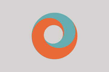 A graphic image of an intertwined orange and blue circular shape against a light gray background plane