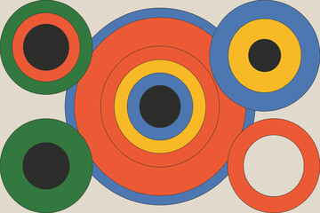 A colorful concentric circles pattern with overlapping shapes and a beige background in a flat design