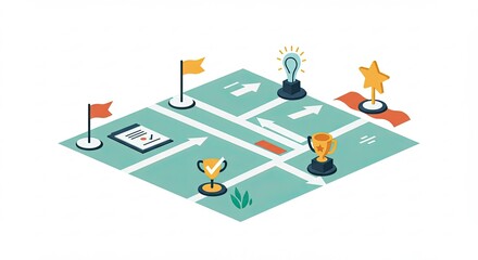 Isometric Teal Road Map with Flags, Awards and Lightbulb