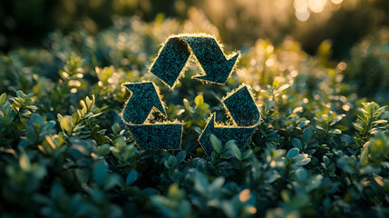 A textured recycling symbol on lush green plants, symbolizing the adoption of a sustainable circular economy and environmental care.