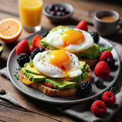 Savor a delicious avocado toast with sunny-side-up eggs and fresh berries
