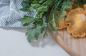 Fresh chanterelle mushrooms with parsley and dill on wooden board

