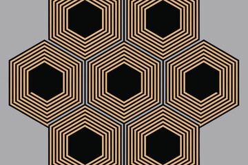 Geometric pattern of interconnected hexagons with black centers and tan outline on gray background