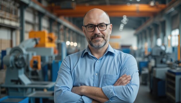 Middle-aged man in blue shirt wearing glasses in factory. Businessman with crossed arms smiling confidently at camera. Portrait of successful owner, entrepreneur. Indoor work environment. - Powered by Adobe