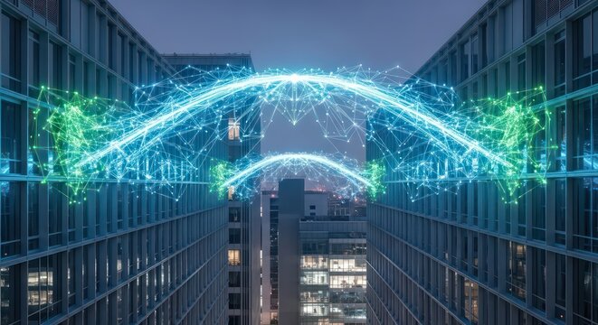 Luminous Digital Bridge of Data Connecting Symmetrical Urban Skyscrapers at Dusk