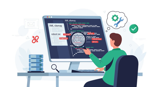 Web Development Expert Analyzing Website Code Using Sitemap And Magnifying Glass