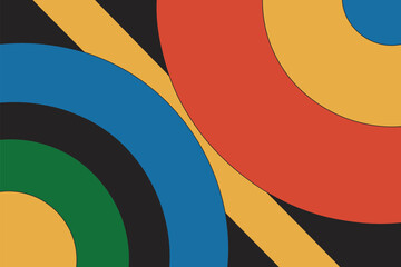 Abstract design featuring overlapping circles and diagonal lines in bold primary colors on black background