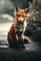 A fox looking at the camera in the rain 