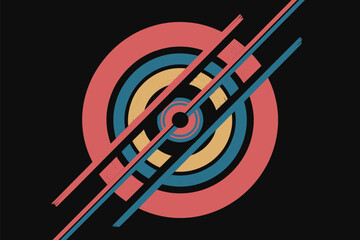Abstract illustration featuring concentric circles and diagonal lines on a black background