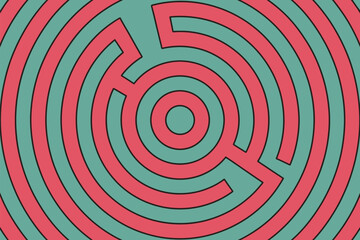 A circular maze pattern with alternating pink and green concentric rings and black outline design