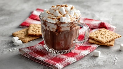 Marshmallow-topped hot chocolate in clear mug with red check napkin and cookies