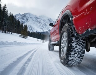 Naklejka premium Red pickup truck tire covered in snow on wintery road. Snowy mountain landscape background. Winter driving concept. Motion blur of tire tracks. Ideal for car promotion, advertisement.