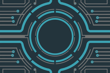 A digital background featuring concentric circles and circuit board patterns in shades of blue and gray