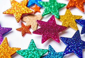 Close-up of vibrant glitter star stickers on white background, showcasing sharp focus and sparkle,  scrapbooking,  iridescent