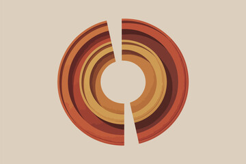 Abstract concentric circles in shades of orange and brown with a split in the design on beige background