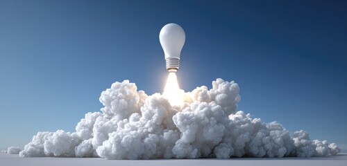 Lightbulb rocket launching through a cloud of steam