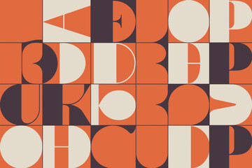Geometric pattern featuring letters and shapes in orange beige and dark gray arranged in a grid format