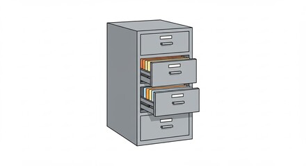 Gray Metal Filing Cabinet with Folders on White Background