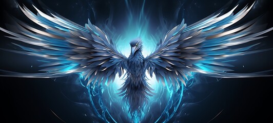 A white cyber phoenix made of metal blue eyes, ai generative