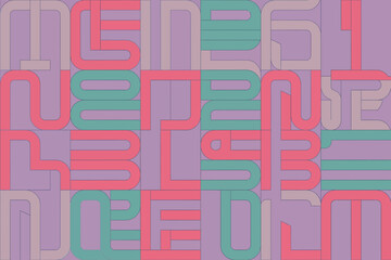 Abstract design featuring interlocking shapes and lines in pastel colors on a lavender background