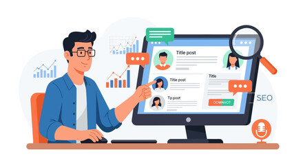 Man Analyzing Social Media Engagement and Seo Optimization Strategy