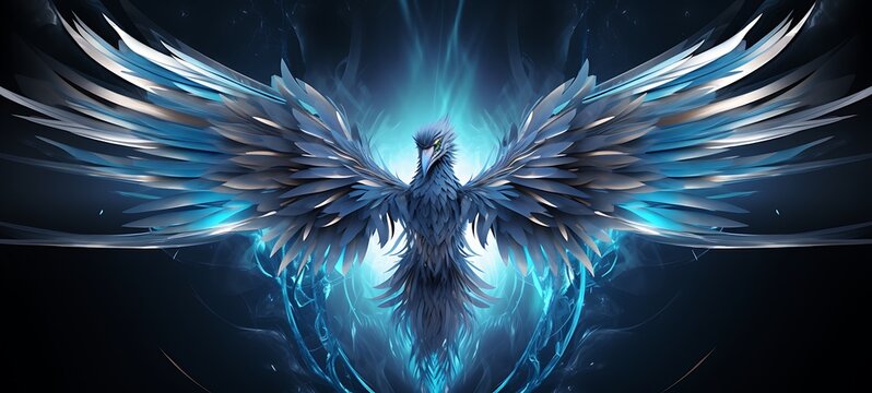 A white cyber phoenix made of metal blue eyes, ai generative