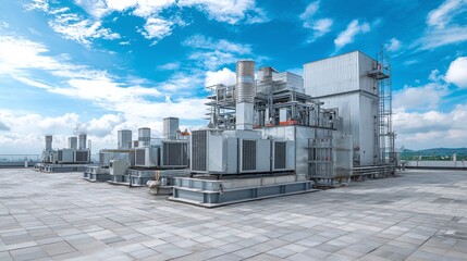 Obraz premium Rooftop HVAC System: A series of large, industrial air conditioning units sit on a rooftop, under a bright sky with scattered clouds.