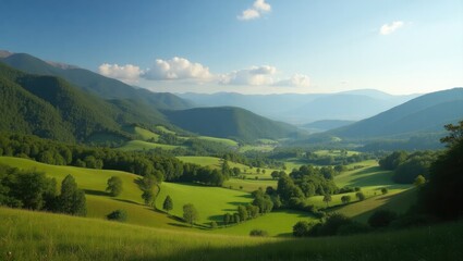 Obraz premium Lush green valley nestled amongst rolling hills.