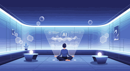 Naklejka premium Meditative State In Futuristic Room Using Artificial Intelligence Interface