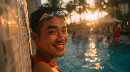 Male swimming pool water training instructor during a swimming lesson. Smiling life guard in the swimming pool