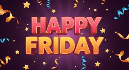 Fototapeta premium Happy Friday 3D text with golden stars and colorful confetti